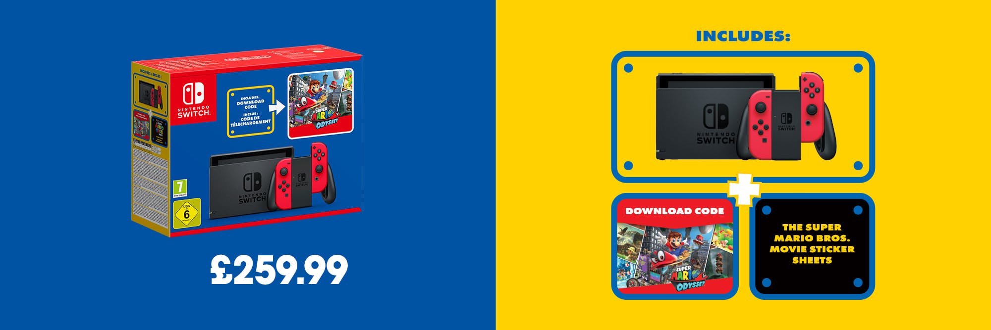Nintendo Switch Console (Red) + Super Mario Odyssey + The Super Mario Bros. Movie Stickers